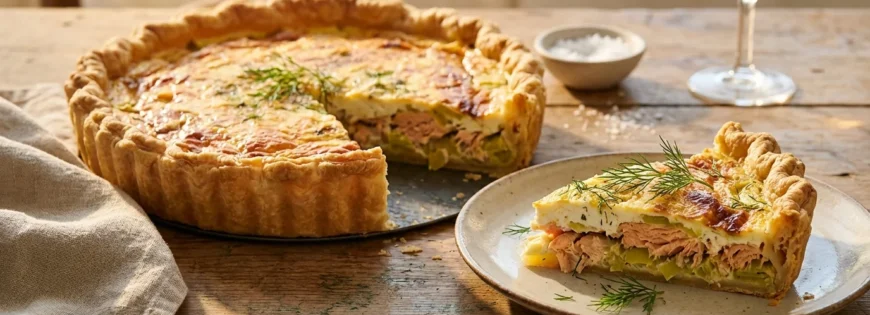 Domowa tarta rybna z pstrągiem łososiowym, porem i koperkiem, podana na drewnianym stole z kieliszkiem białego wina.