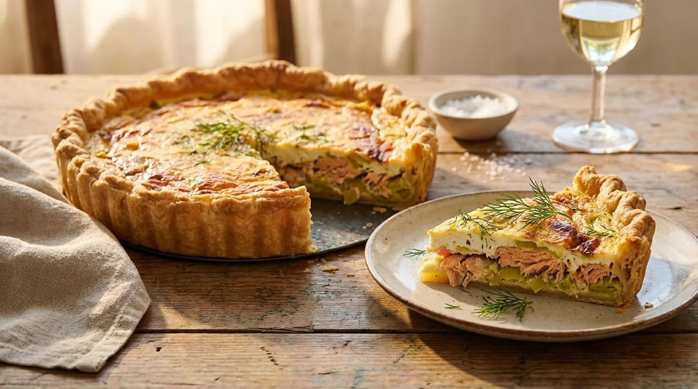 Domowa tarta rybna z pstrągiem łososiowym, porem i koperkiem, podana na drewnianym stole z kieliszkiem białego wina.