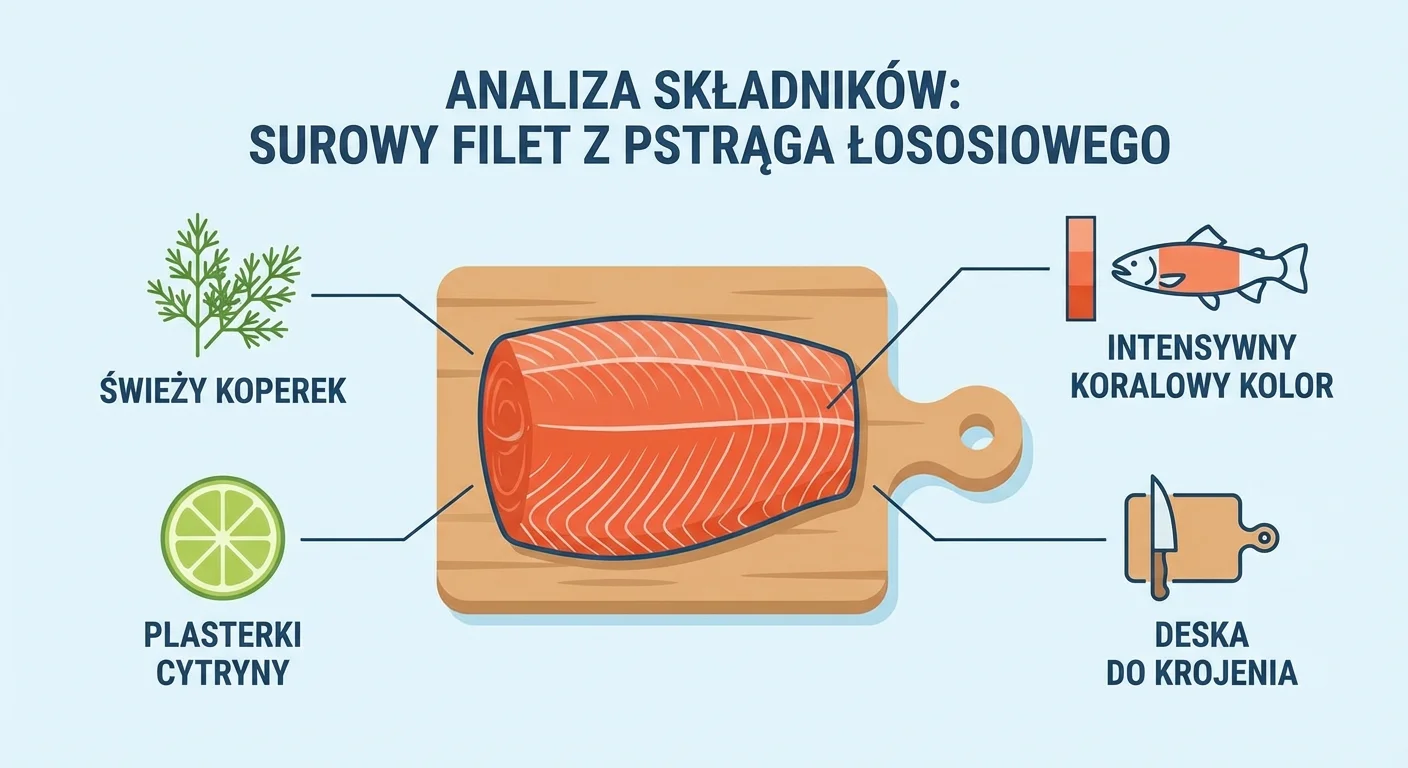 Piękny, surowy filet z pstrąga łososiowego o intensywnym, koralowym kolorze, leżący na desce do krojenia obok świeżych gałązek koperku i plasterków cytryny.