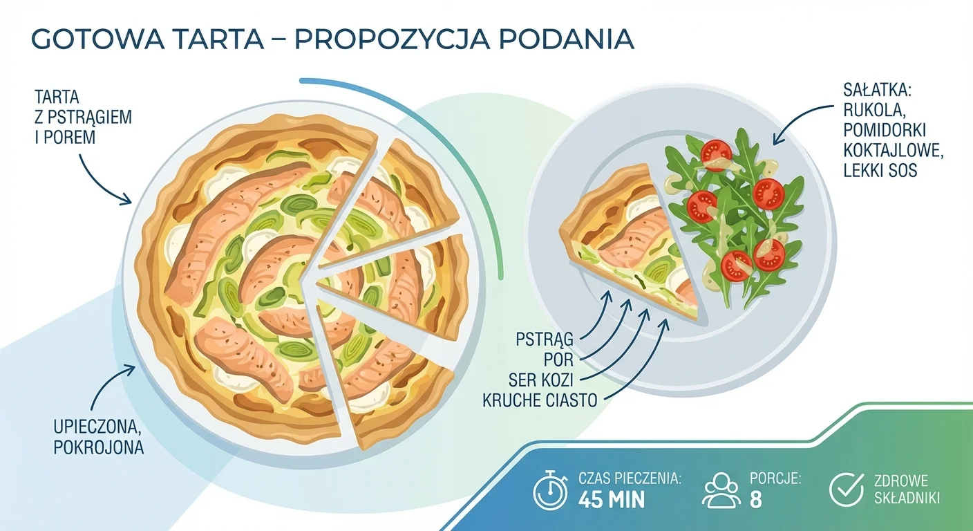 Gotowa, upieczona tarta z pstrągiem, porem i serem kozim, pokrojona na kawałki. Jeden kawałek jest nałożony na talerz obok lekkiej sałatki z rukoli i pomidorków koktajlowych.