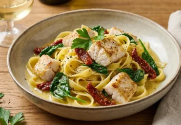 Makaron tagliatelle z kawałkami smażonego sandacza, szpinakiem i suszonymi pomidorami w sosie winno-maślanym na ceramicznym talerzu.