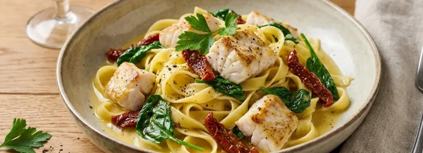 Makaron tagliatelle z kawałkami smażonego sandacza, szpinakiem i suszonymi pomidorami w sosie winno-maślanym na ceramicznym talerzu.