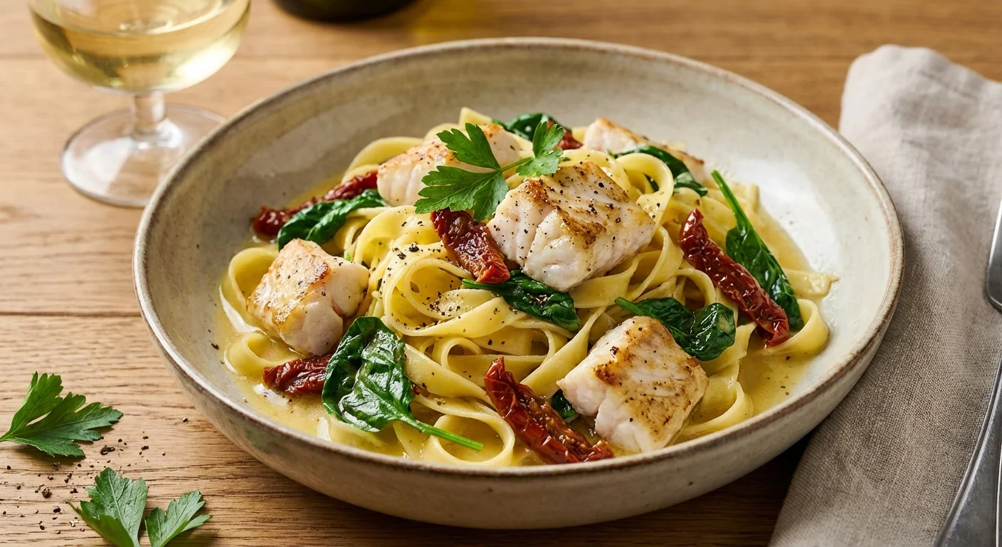 Makaron tagliatelle z kawałkami smażonego sandacza, szpinakiem i suszonymi pomidorami w sosie winno-maślanym na ceramicznym talerzu.