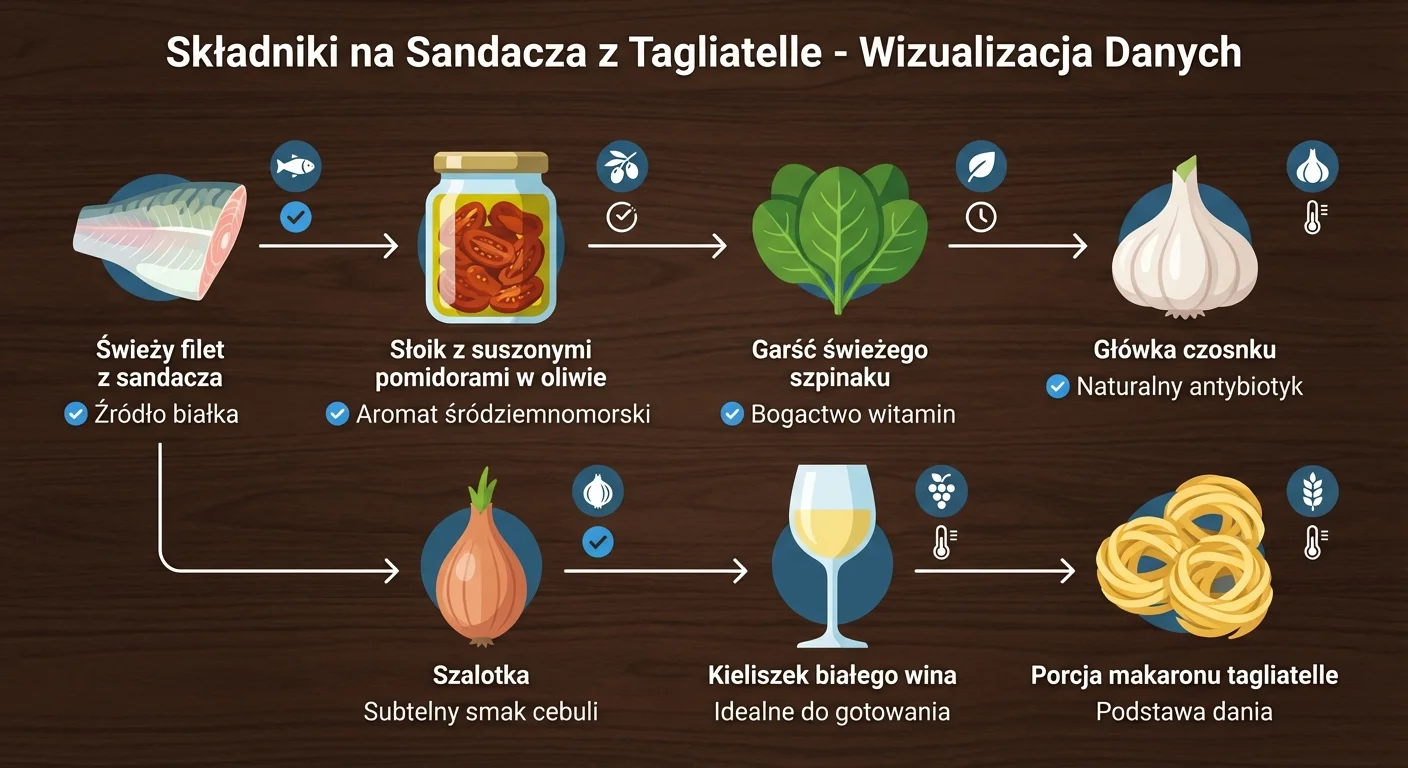 Artystyczne ujęcie składników na ciemnym, drewnianym stole: świeży filet z sandacza, słoik z suszonymi pomidorami w oliwie, garść świeżego szpinaku, główka czosnku, szalotka, kieliszek białego wina i porcja makaronu tagliatelle.