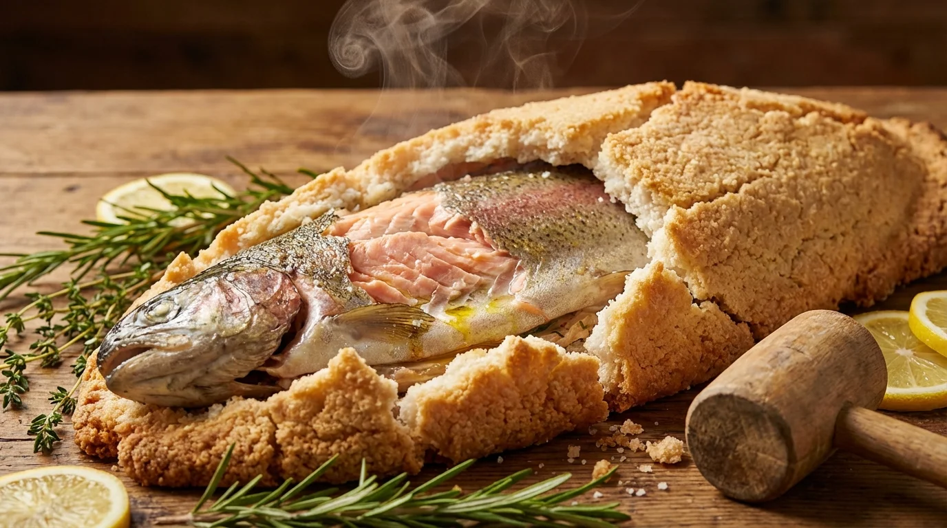 Cały pstrąg pieczony w soli, dymiący po rozbiciu skorupy solnej, leżący na drewnianym stole z cytryną i ziołami.