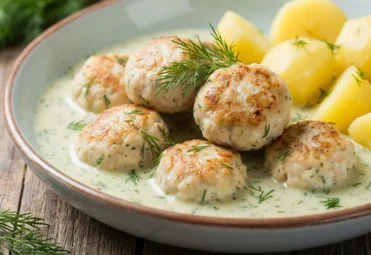 Talerz z puszystymi pulpetami rybnymi w kremowym sosie koperkowym i gotowanymi ziemniakami, posypany świeżym koperkiem.