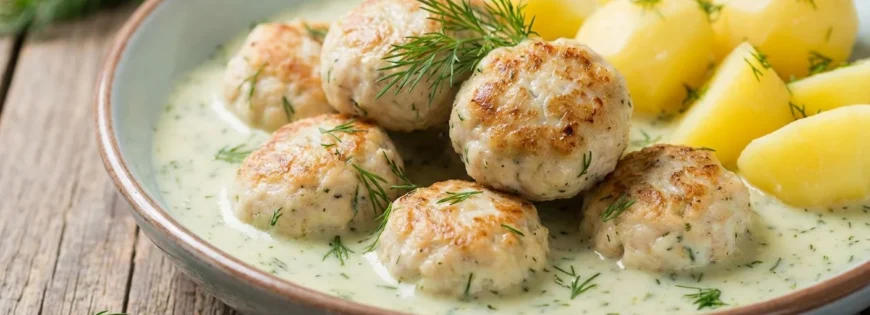 Talerz z puszystymi pulpetami rybnymi w kremowym sosie koperkowym i gotowanymi ziemniakami, posypany świeżym koperkiem.
