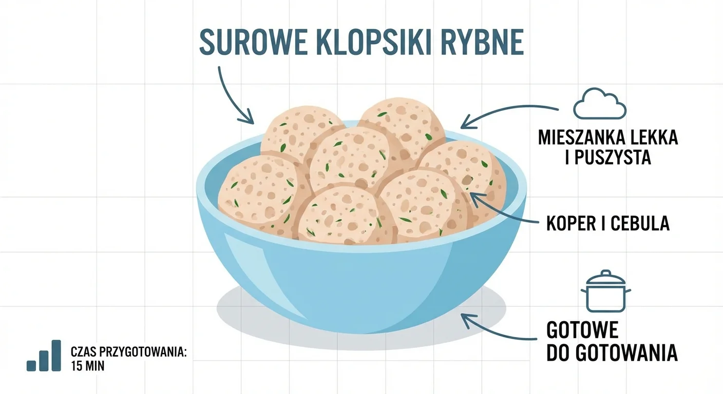 A close-up shot of the raw, perfectly formed fish meatballs in a bowl, ready for cooking. The mixture looks light and airy, with visible flecks of green dill and onion.