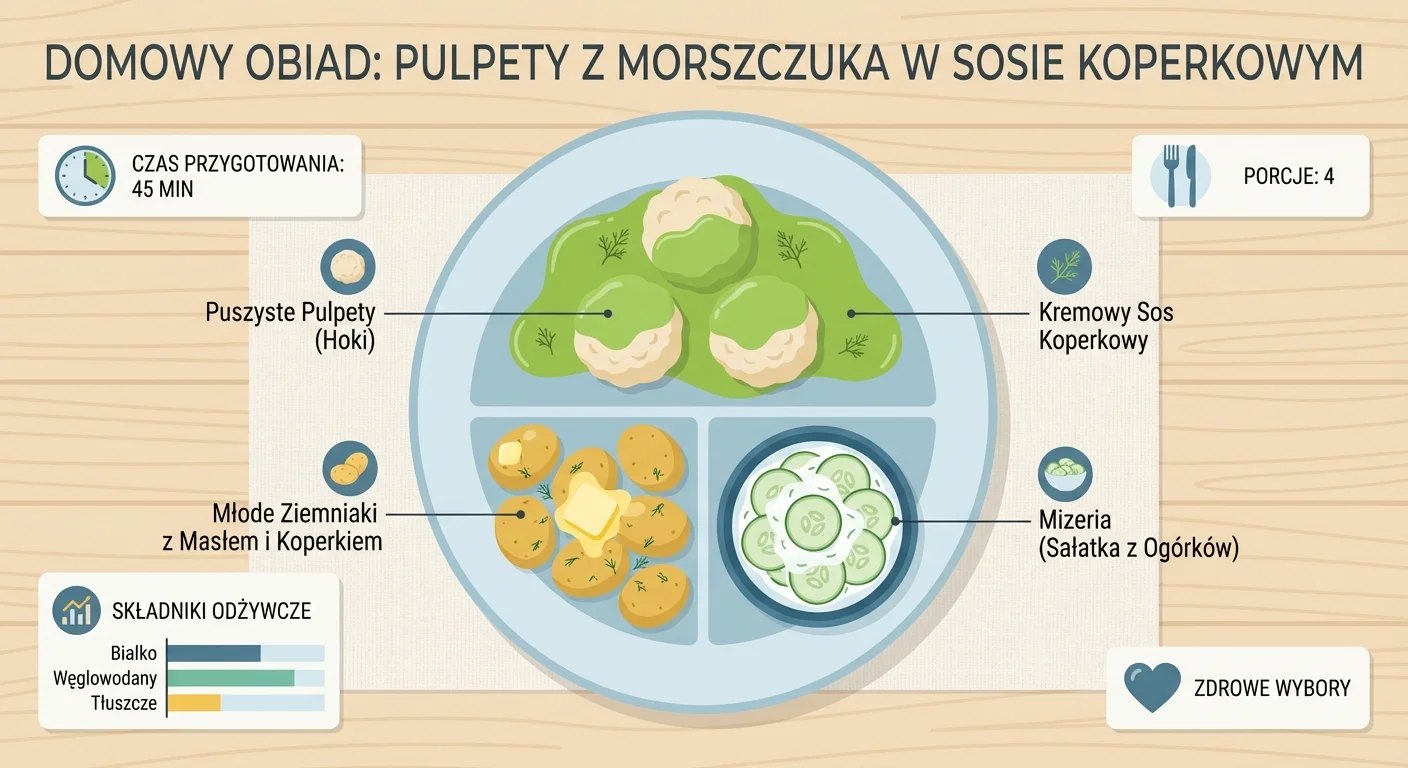A beautifully plated final dish. Fluffy hoki meatballs generously coated in a creamy, vibrant green dill sauce, served next to young potatoes with butter and dill, and a side of fresh cucumber salad (mizeria). The setting is a cozy, family table.