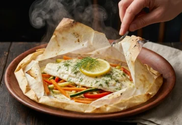 Ręka otwiera parujący papier do pieczenia, odsłaniając pieczoną solę lemon z plastrem cytryny, koperkiem i warzywami na talerzu.