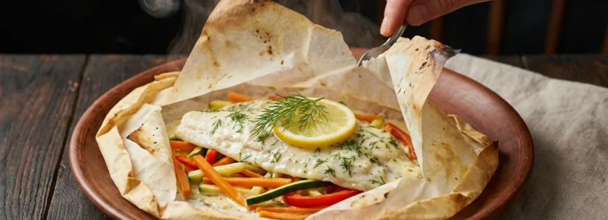 Ręka otwiera parujący papier do pieczenia, odsłaniając pieczoną solę lemon z plastrem cytryny, koperkiem i warzywami na talerzu.