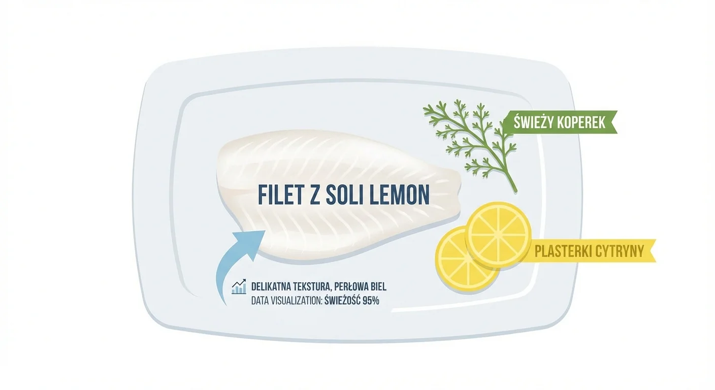 Piękny, świeży filet z soli lemon leżący na białym talerzu obok gałązki świeżego koperku i kilku plasterków cytryny. Światło podkreśla perłową biel i delikatną teksturę ryby.