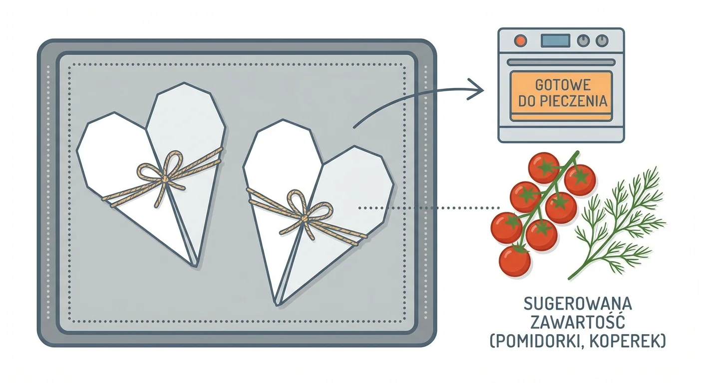 Dwa gotowe, zamknięte papiloty w kształcie serca leżą na blasze do pieczenia, gotowe do wstawienia do piekarnika. Obok leży kilka świeżych pomidorków koktajlowych i gałązka koperku, sugerując zawartość pakunków.