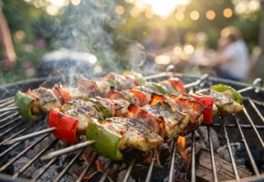 Grillowane szaszłyki rybne z okonia, owinięte wędzonym boczkiem, z dodatkiem czerwonej i zielonej papryki na gorącym ruszcie.