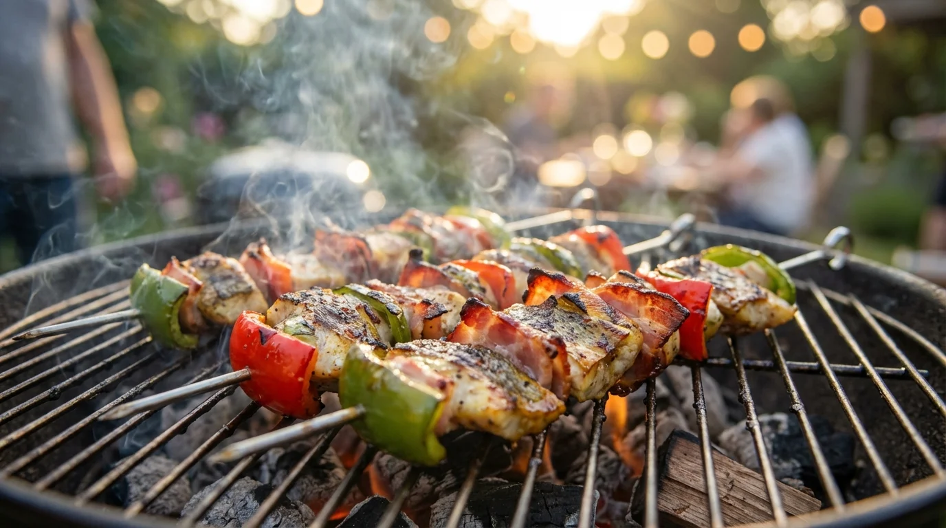 Grillowane szaszłyki rybne z okonia, owinięte wędzonym boczkiem, z dodatkiem czerwonej i zielonej papryki na gorącym ruszcie.