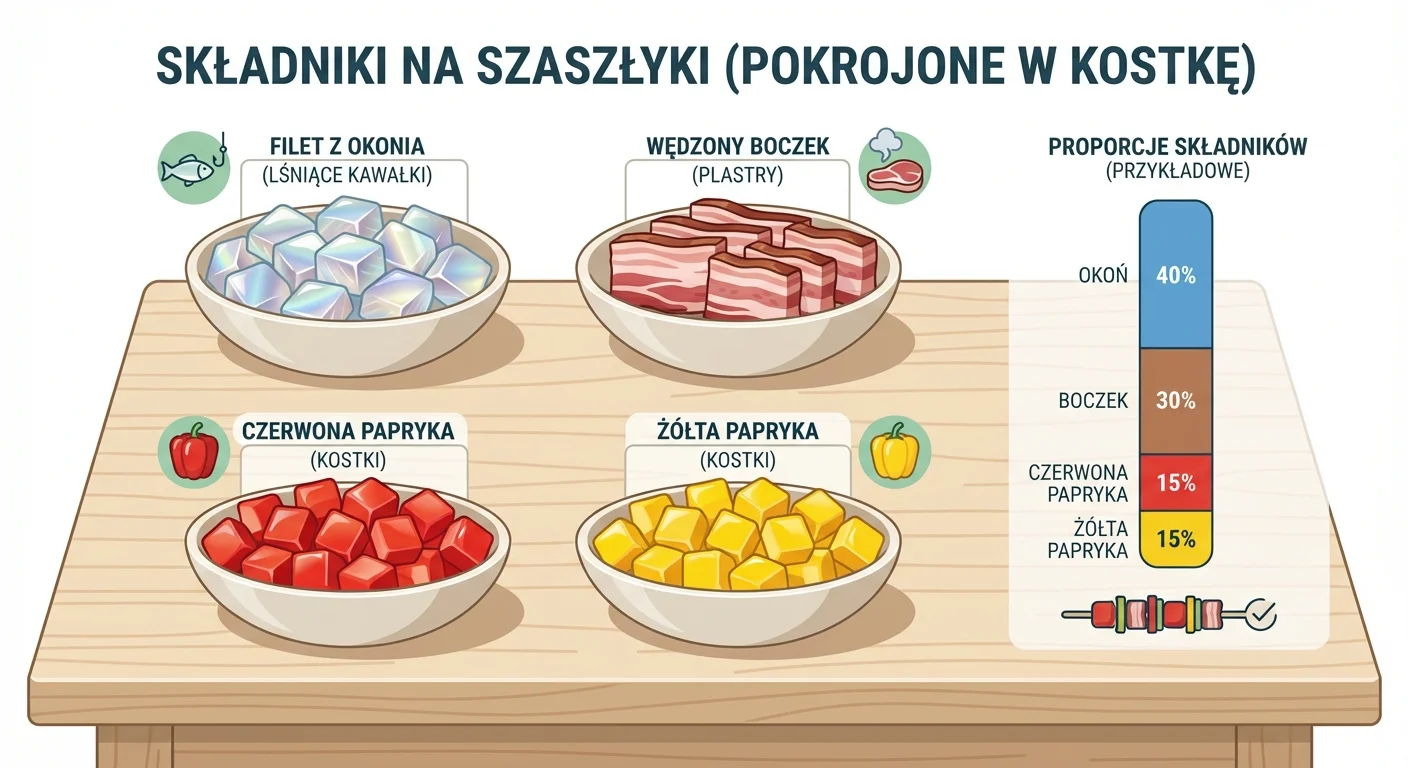 Kolorowe, pokrojone w kostkę składniki na szaszłyki: lśniące kawałki fileta z okonia, plastry wędzonego boczku i kostki czerwonej oraz żółtej papryki, ułożone w miseczkach na drewnianym stole.