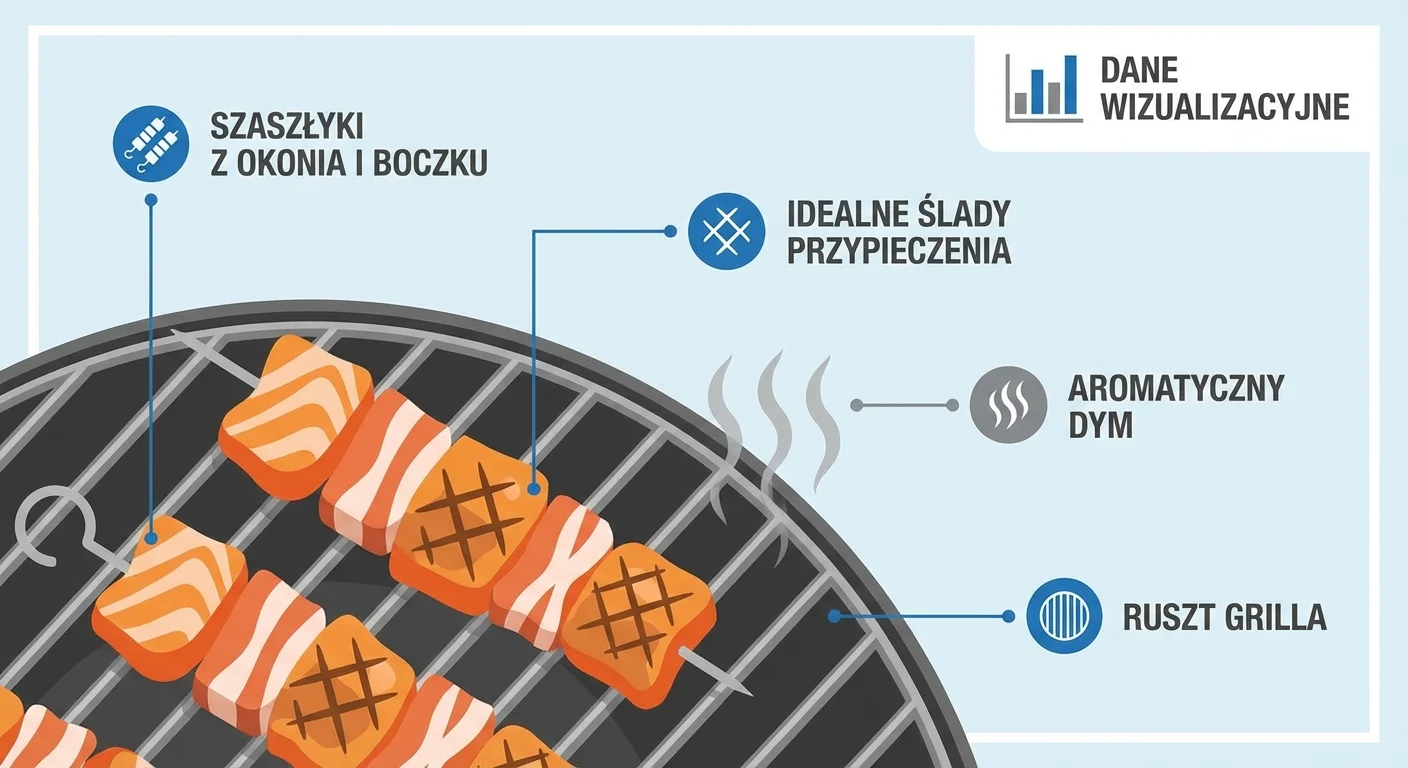 Zbliżenie na szaszłyki z okonia i boczku skwierczące na ruszcie grilla. Widać idealne ślady przypieczenia i unoszący się aromatyczny dym.